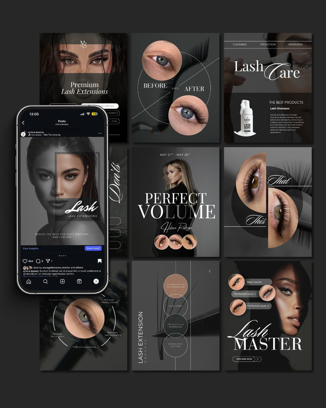 Canva social media templates designed for lash techs – easy to customize.