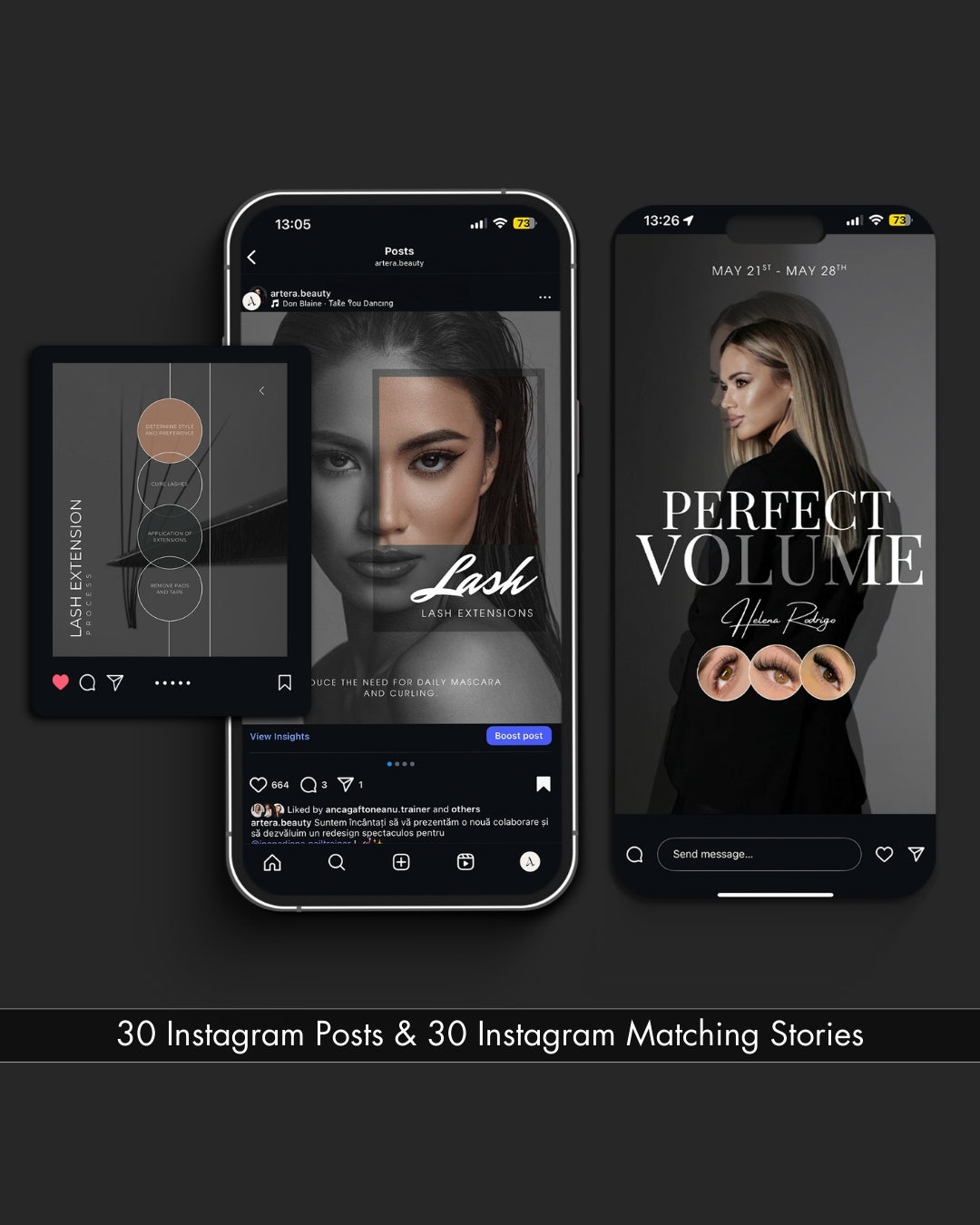 Professional post and story templates for lash technicians on Instagram.